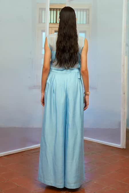 Shop Mona And Vishu Blue Organza, Silk Pearls, Embroidery Collared Whimsical Charm Bib Pant Set at Aza Fashions Shop_Mona And Vishu_Blue Organza, Silk Pearls, Embroidery Collared Whimsical Charm Bib Pant Set _at_Aza_Fashions