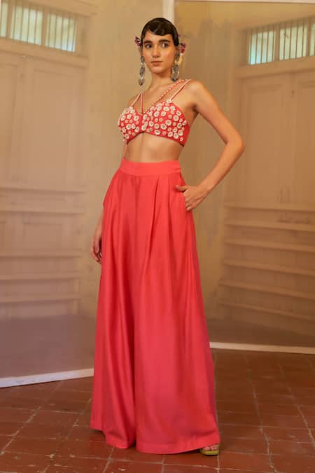 Mona And Vishu Pink Silk Embroidery V-neck Pant Set With Bustier Online at Aza Fashions Mona And Vishu_Pink Silk Embroidery V-neck Pant Set With Bustier _Online_at_Aza_Fashions