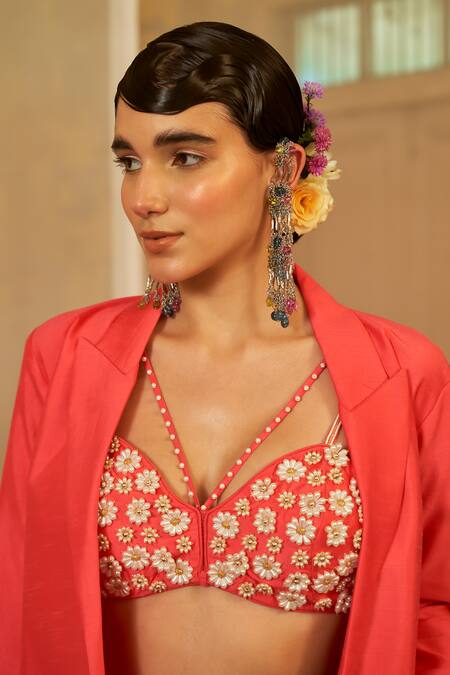 Shop Mona And Vishu Pink Silk Embroidery V-neck Pant Set With Bustier Online at Aza Fashions Shop_Mona And Vishu_Pink Silk Embroidery V-neck Pant Set With Bustier _Online_at_Aza_Fashions