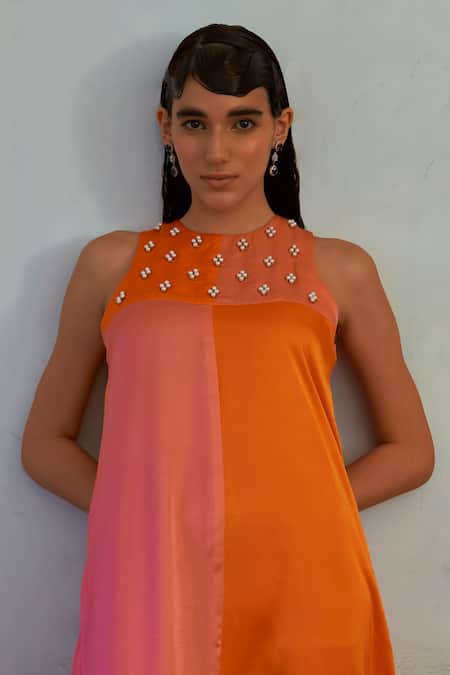 Mona And Vishu_Pink Tussar Pearls, Embroidery Round Neck Sunset Bliss Color Block Jumpsuit _Online_at_Aza_Fashions