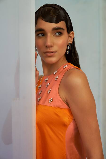 Buy_Mona And Vishu_Pink Tussar Pearls, Embroidery Round Neck Sunset Bliss Color Block Jumpsuit _Online_at_Aza_Fashions