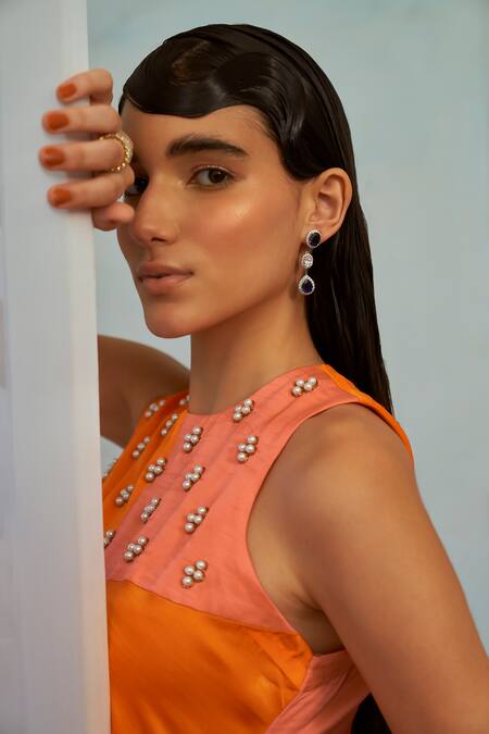 Shop_Mona And Vishu_Pink Tussar Pearls, Embroidery Round Neck Sunset Bliss Color Block Jumpsuit _Online_at_Aza_Fashions