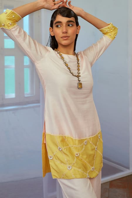 Shop Mona And Vishu Pink Silk Pearls, Cut Work Round Neck Embroidered Panelled Kurta And Pant Set Online at Aza Fashions Shop_Mona And Vishu_Pink Silk Pearls, Cut Work Round Neck Embroidered Panelled Kurta And Pant Set _Online_at_Aza_Fashions