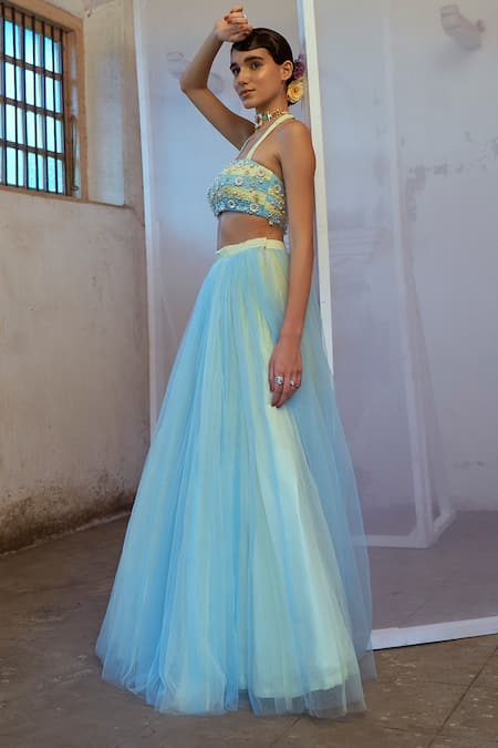Buy Mona And Vishu Green Silk, Tulle Pearls, Beads, Cut Work Halter Seaside Enchantment Skirt Set Online at Aza Fashions Buy_Mona And Vishu_Green Silk, Tulle Pearls, Beads, Cut Work Halter Seaside Enchantment Skirt Set _Online_at_Aza_Fashions