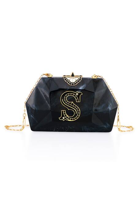 Shop_Isharya_Black Enamel Arya Embellished Clutch_Online_at_Aza_Fashions