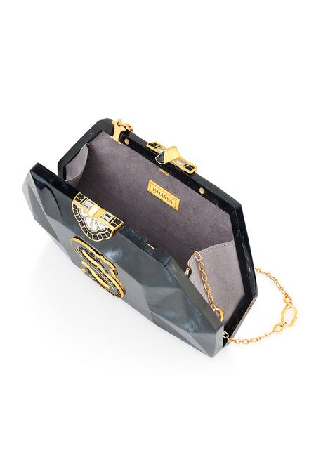 Isharya_Black Enamel Arya Embellished Clutch_at_Aza_Fashions