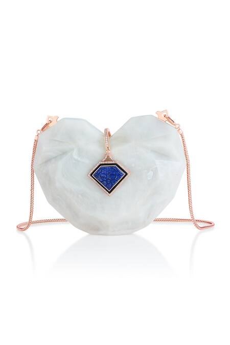 Buy Isharya White Enamel Minaudiere Heart Shaped Clutch at Aza Fashions Buy_Isharya_White Enamel Minaudiere Heart Shaped Clutch_at_Aza_Fashions