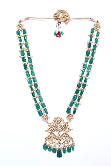 Buy_Just Shradhas_Green Kundan Embellished Peacock Pendant Necklace _Online_at_Aza_Fashions