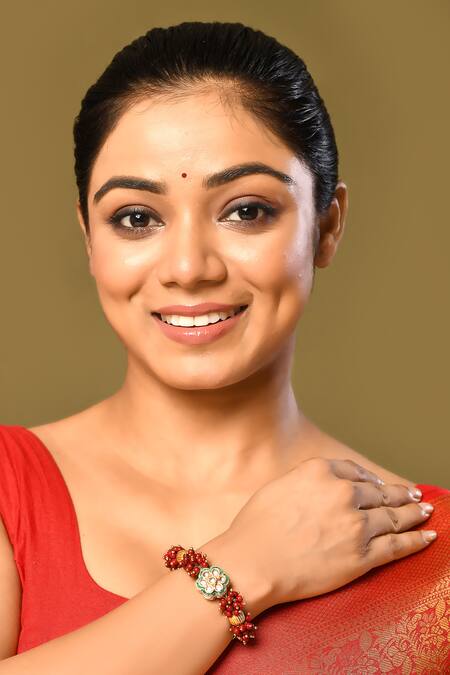 Just Shradhas_Multi Color Beads, Crystals Floral Kundan Motif Studded Bracelet _Online_at_Aza_Fashions