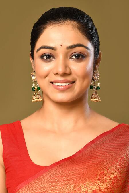 Just Shradhas_Gold Plated Beads, Pearls Kundan Embellished Jhumkas _Online_at_Aza_Fashions