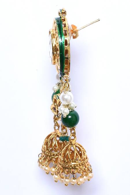 Shop_Just Shradhas_Gold Plated Beads, Pearls Kundan Embellished Jhumkas _Online_at_Aza_Fashions