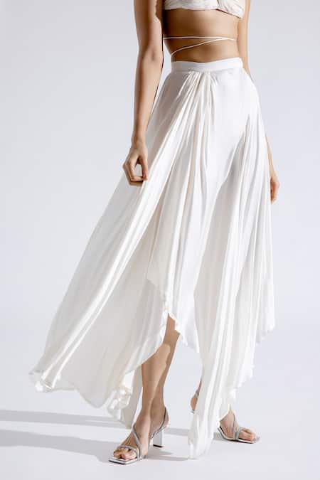 Aroka - White Modal Satin Plain Dove Pleated Draped Skirt For Women