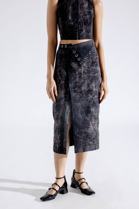 Buy Grey Denim Embellished Eyelet Trims Grunge High Slit Skirt For