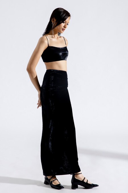 Aroka - Black Silk Velvet Plain Ruched High Slit Skirt For Women