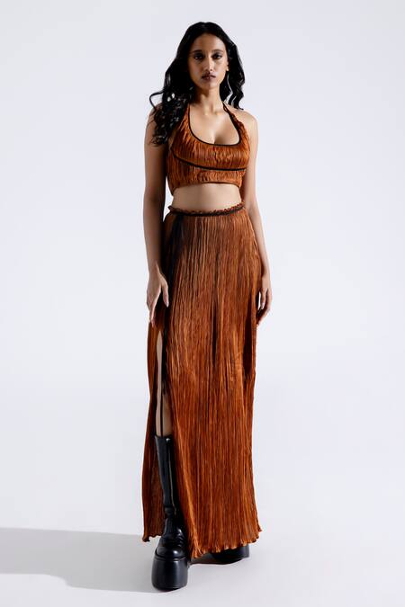 Aroka_Brown Modal, Satin Halter Neck Ruched Top_Online_at_Aza_Fashions