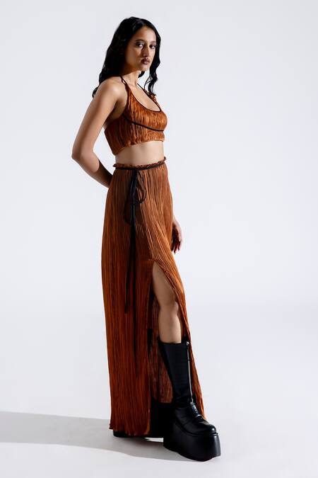 Buy_Aroka_Brown Modal, Satin Halter Neck Ruched Top_Online_at_Aza_Fashions