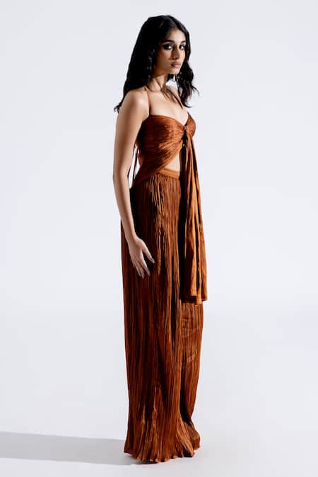 Aroka_Brown Modal, Satin Halter Neck Toffee Twisted Ruched Top_Online_at_Aza_Fashions