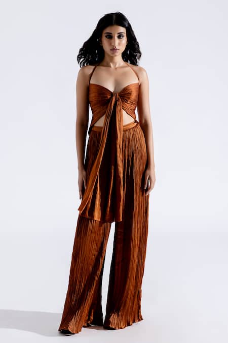 Buy_Aroka_Brown Modal, Satin Halter Neck Toffee Twisted Ruched Top_Online_at_Aza_Fashions