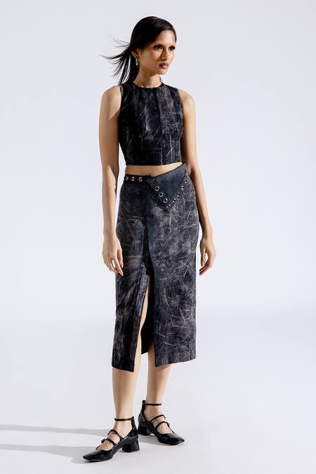 Aroka_Grey Denim Round Neck Grunge Textured Top_Online_at_Aza_Fashions