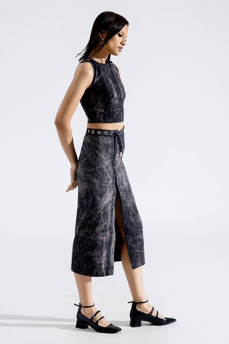 Buy_Aroka_Grey Denim Round Neck Grunge Textured Top_Online_at_Aza_Fashions