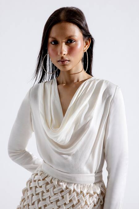 Aroka_Cream Modal, Satin Cowl Neck Draped Top_at_Aza_Fashions