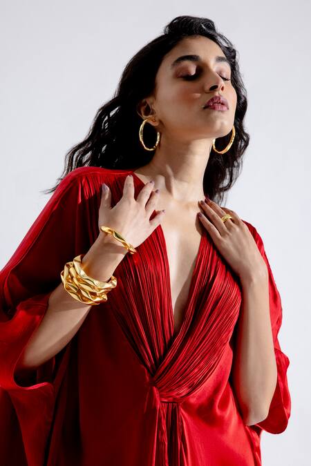 Buy_Aroka_Red Modal, Satin Plunge Neck Ruched V Kaftan_Online_at_Aza_Fashions
