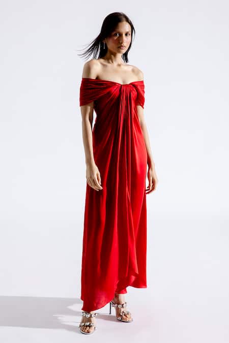 Aroka_Red Modal, Satin Square Neck Bow Off Shoulder Dress _Online_at_Aza_Fashions