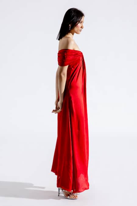 Buy_Aroka_Red Modal, Satin Square Neck Bow Off Shoulder Dress _Online_at_Aza_Fashions