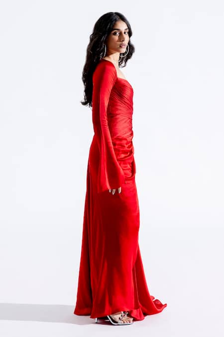 Aroka_Red Modal, Satin Sweetheart Neck Grace Ruched Dress _Online_at_Aza_Fashions