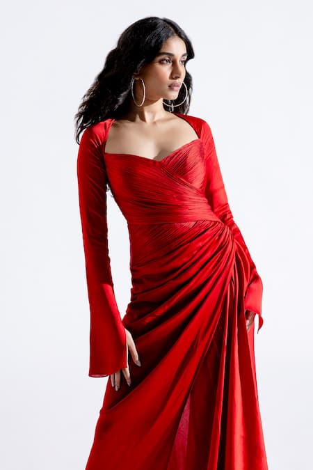 long sleeve red satin dress | Gowns, A line prom dresses, Ball gowns
