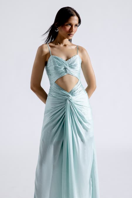 Aroka_Blue Modal Satin Plain Sweetheart Neck Elsa Ruched Maxi Dress _Online_at_Aza_Fashions