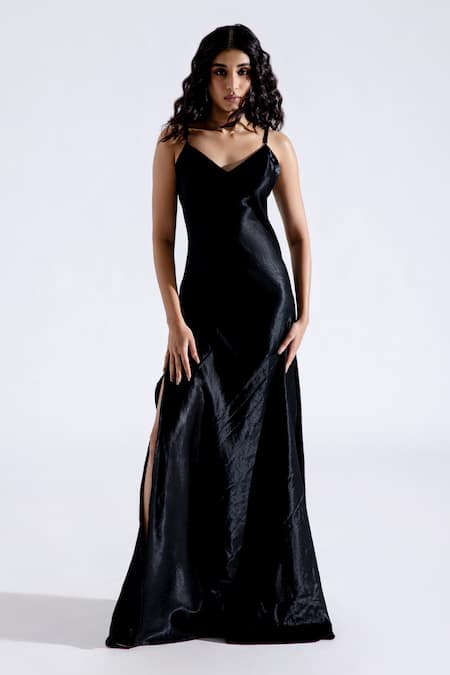 Satin long midi dress with a draped skirt black 6M010 – RASARIO