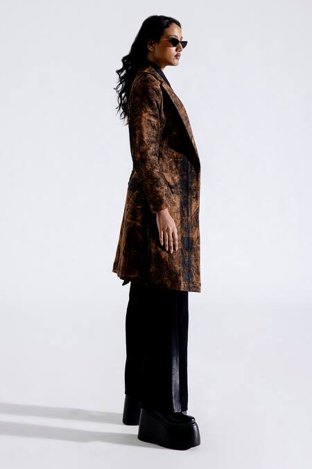 Aroka_Brown Denim Textured Lapel Collar Long Jacket _Online_at_Aza_Fashions