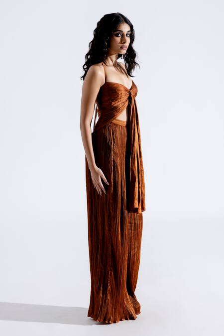 Aroka_Brown Wide Legged Pleated Pant_Online_at_Aza_Fashions
