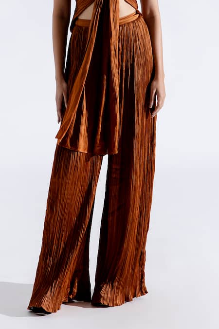 Buy Brown Plain Wide Legged Pleated Pant For Women by Aroka Online at Aza  Fashions.