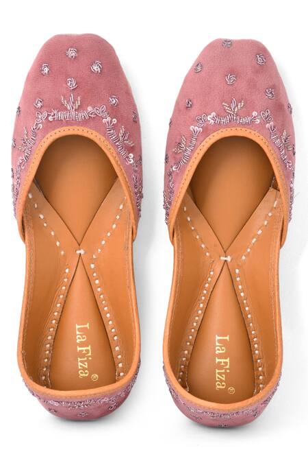 Shop_LA Fiza_Pink Sequins, Beads Warda Hand Embroidered Juttis_at_Aza_Fashions