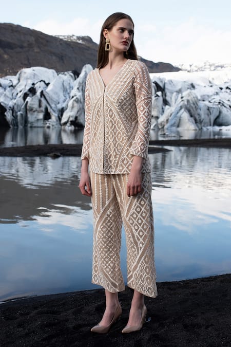 Dash And Dot Beige Nylon Embroidery V-neck Top Online at Aza Fashions Dash And Dot_Beige Nylon Embroidery V-neck Top _Online_at_Aza_Fashions