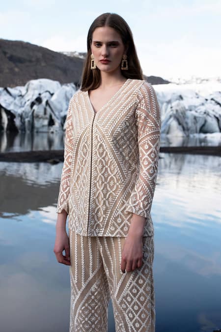 Buy Dash And Dot Beige Nylon Embroidery V-neck Top Online at Aza Fashions Buy_Dash And Dot_Beige Nylon Embroidery V-neck Top _Online_at_Aza_Fashions