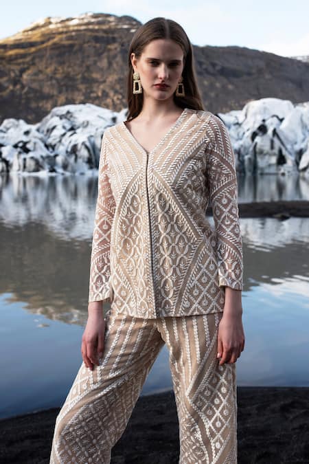 Shop Dash And Dot Beige Nylon Embroidery V-neck Top Online at Aza Fashions Shop_Dash And Dot_Beige Nylon Embroidery V-neck Top _Online_at_Aza_Fashions