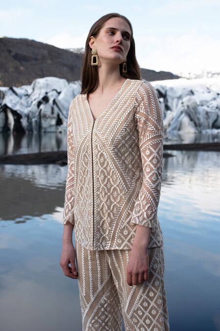 Dash And Dot Beige Nylon Embroidery V-neck Top at Aza Fashions Dash And Dot_Beige Nylon Embroidery V-neck Top _at_Aza_Fashions