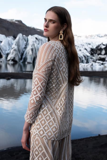 Buy Dash And Dot Beige Nylon Embroidery V-neck Top Buy_Dash And Dot_Beige Nylon Embroidery V-neck Top