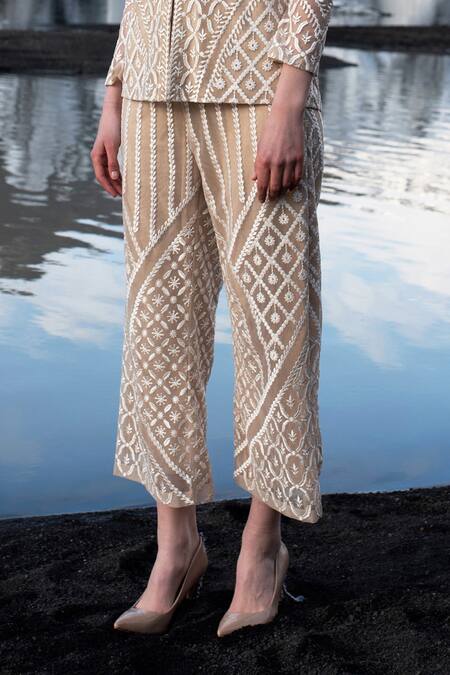 Dash And Dot_Beige Nylon Embroidery Straight Pant_Online_at_Aza_Fashions