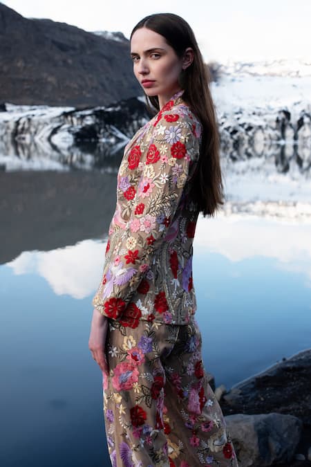 Buy_Dash And Dot_Multi Color Nylon Embroidery Floral Blazer _Online_at_Aza_Fashions