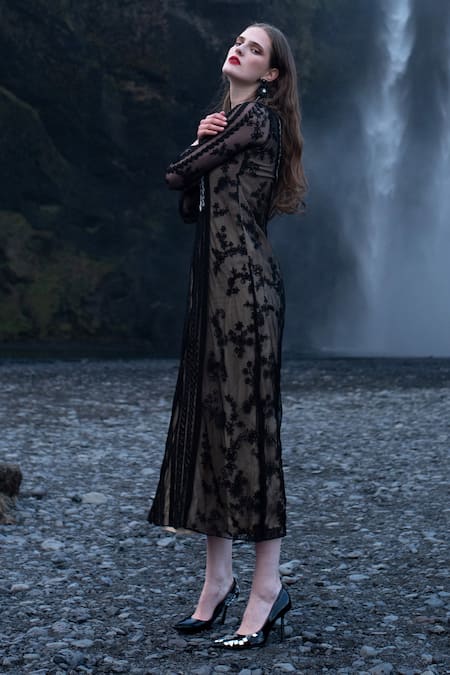 Dash And Dot_Black Nylon Embroidery Round Neck Yoke Dress _Online_at_Aza_Fashions