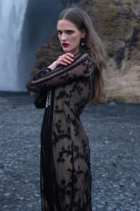 Shop_Dash And Dot_Black Nylon Embroidery Round Neck Yoke Dress _Online_at_Aza_Fashions