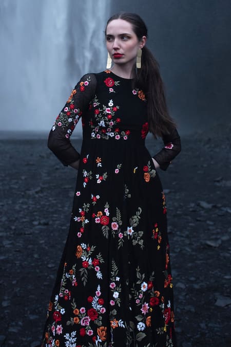 Shop_Dash And Dot_Black Nylon Embroidery Round Neck Floral Maxi Dress _at_Aza_Fashions