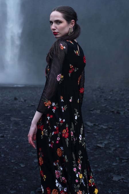 Buy_Dash And Dot_Black Nylon Embroidery Round Neck Floral Maxi Dress _Online_at_Aza_Fashions