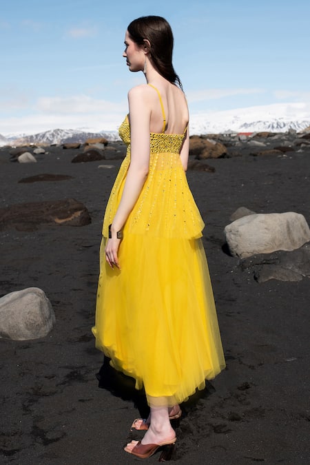 Shop Dash And Dot Yellow Nylon Mirrors Square Neck Hand Embroidered Peplum Top And Skirt Set at Aza Fashions Shop_Dash And Dot_Yellow Nylon Mirrors Square Neck Hand Embroidered Peplum Top And Skirt Set _at_Aza_Fashions