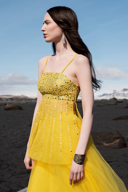 Dash And Dot Yellow Nylon Mirrors Square Neck Hand Embroidered Peplum Top And Skirt Set Online at Aza Fashions Dash And Dot_Yellow Nylon Mirrors Square Neck Hand Embroidered Peplum Top And Skirt Set _Online_at_Aza_Fashions