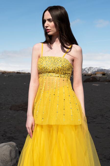 Buy Dash And Dot Yellow Nylon Mirrors Square Neck Hand Embroidered Peplum Top And Skirt Set Online at Aza Fashions Buy_Dash And Dot_Yellow Nylon Mirrors Square Neck Hand Embroidered Peplum Top And Skirt Set _Online_at_Aza_Fashions